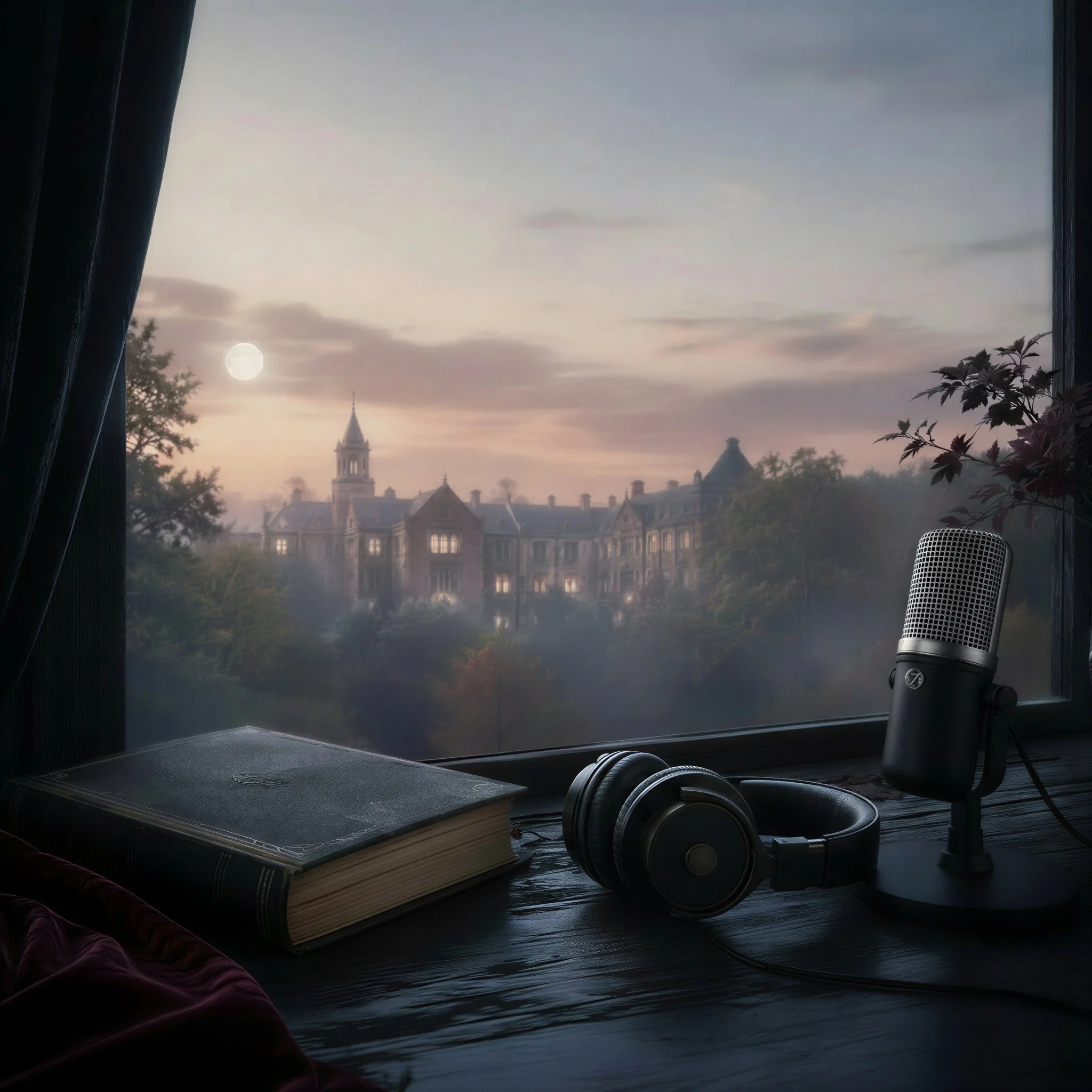 View of a city skyline near sunset through a window, with a desk in the foreground holding a book, a microphone, and a pair of headphones.