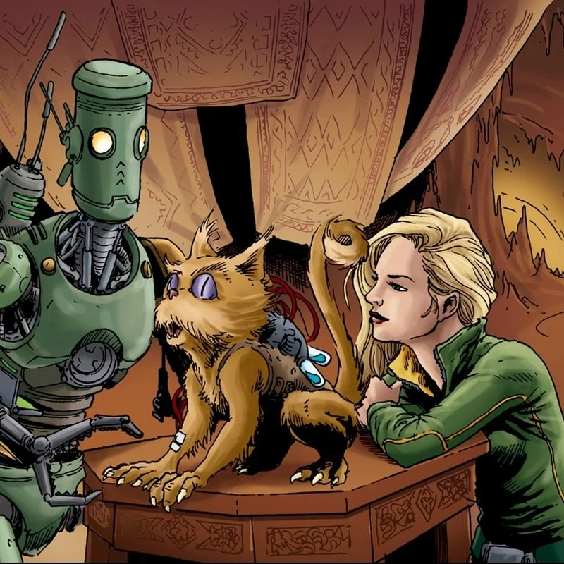 A scene from the audio drama Caalo Xan featuring a robot named LX-22, a cute alien creature similar to a hybrid cat-monkey, and a beautiful blonde woman inside a cavern-based dwelling.