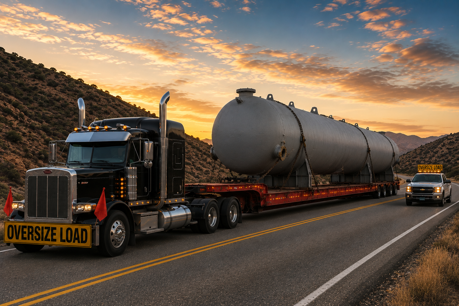 A large semi-truck with oversize load signs is transporting a massive cylindrical object on a flatbed trailer along a rural road during sunset. The background features mountain ranges and a sky with scattered clouds.