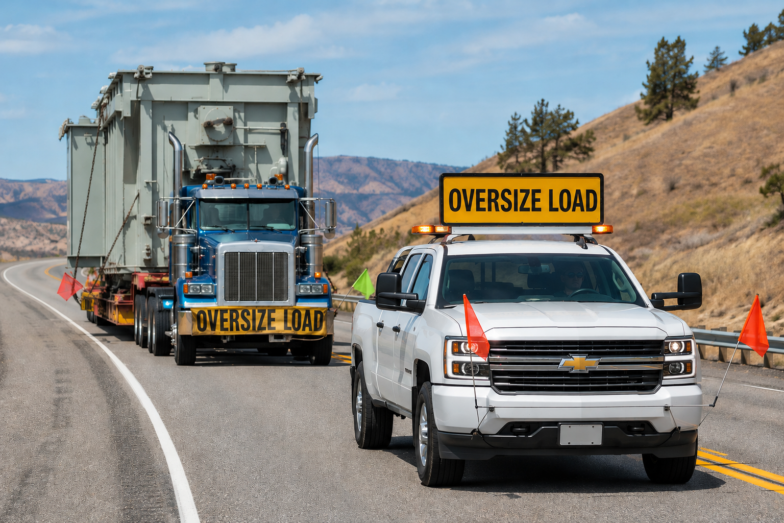 Roadside convoy of vehicles with 'OverSize Load' signs, including a white pickup truck and a large semi-truck transporting oversized cargo on a highway with mountains in the background.