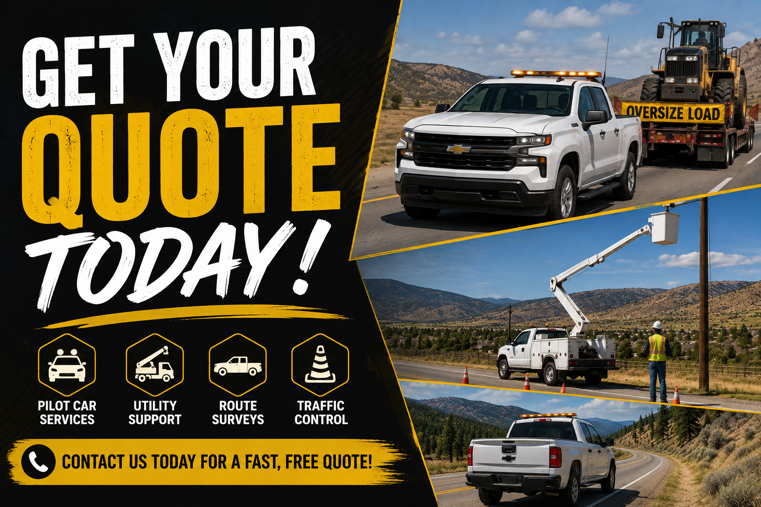 A promotional flyer for vehicle services featuring images of trucks and utility vehicles working on roadside infrastructure. The flyer includes text offering free quotes and highlights services such as pilot car services, utility support, route surveys, and traffic control.