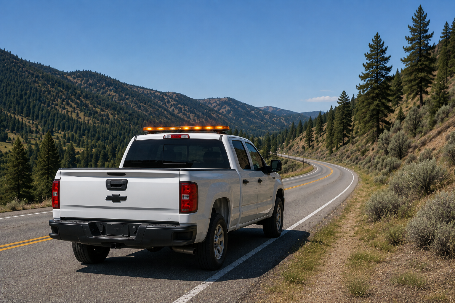 A white Chevrolet pickup truck with an orange light bar on top parked on the side of a winding mountain road surrounded by green trees and hills under a clear blue sky.