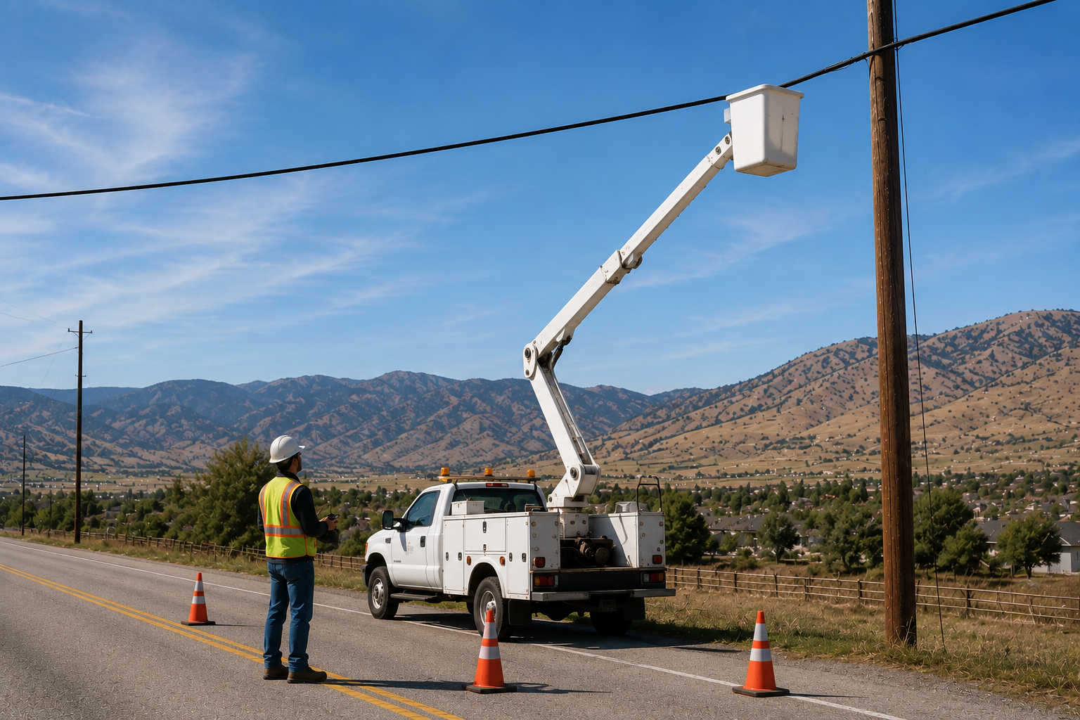 A utility worker in a safety vest and helmet operating a bucket truck on a rural road, repairing or installing a power line on a wooden utility pole, with cones marking the work area and mountainous terrain in the background.