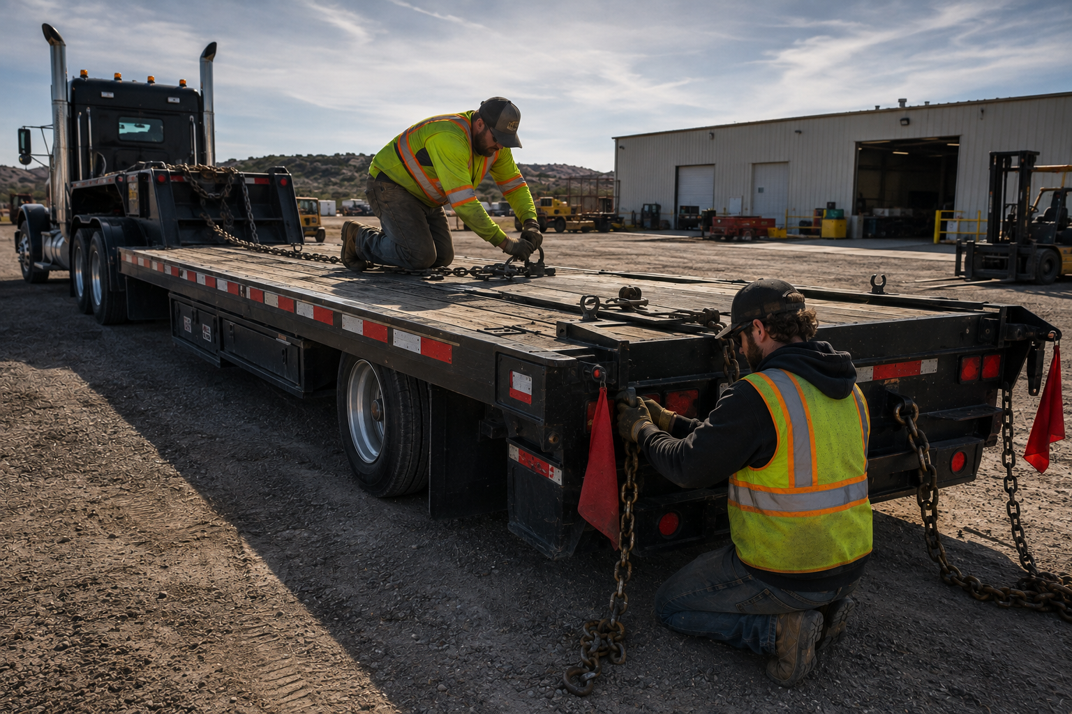 Two construction workers in safety vests and gloves kneeling on a flatbed truck, securing chains with tools at an industrial site during daytime.