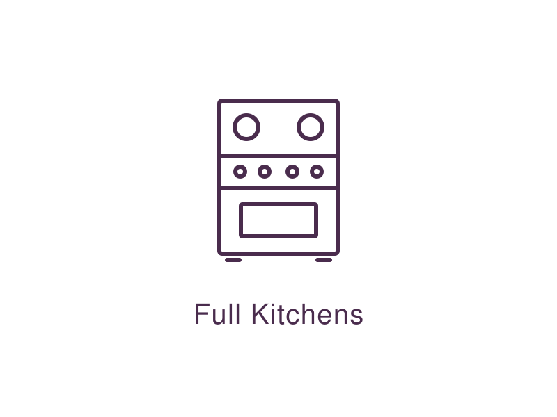 Line drawing of a stove with four burners and an oven, with the text 'Full Kitchens' underneath.