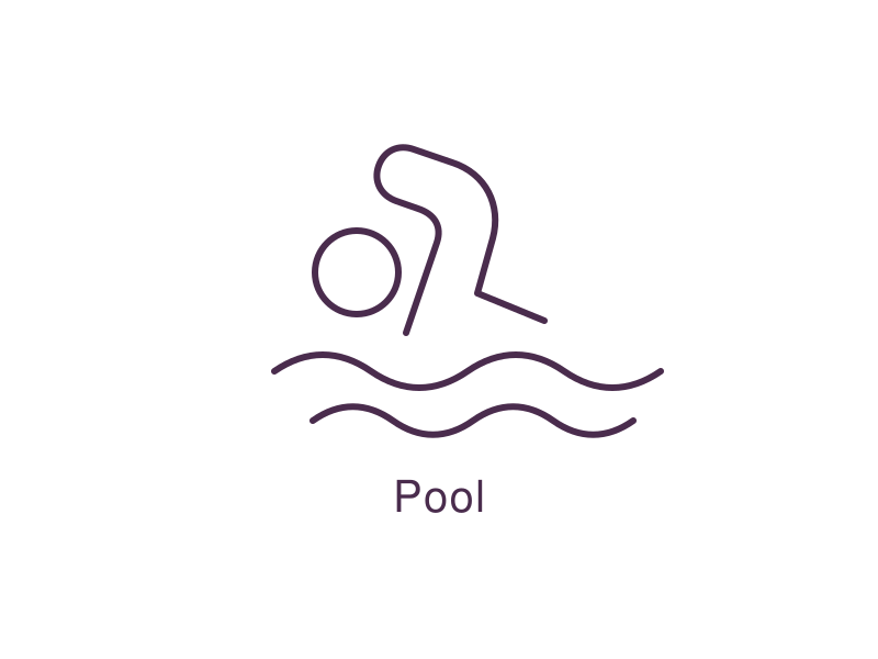 Minimalist line drawing of a person swimming in a pool, with the word 'Pool' below it.