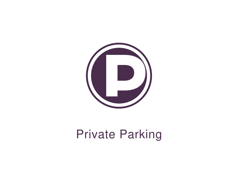 A black parking sign with a purple circle and letter 'P' in the center, indicating private parking.