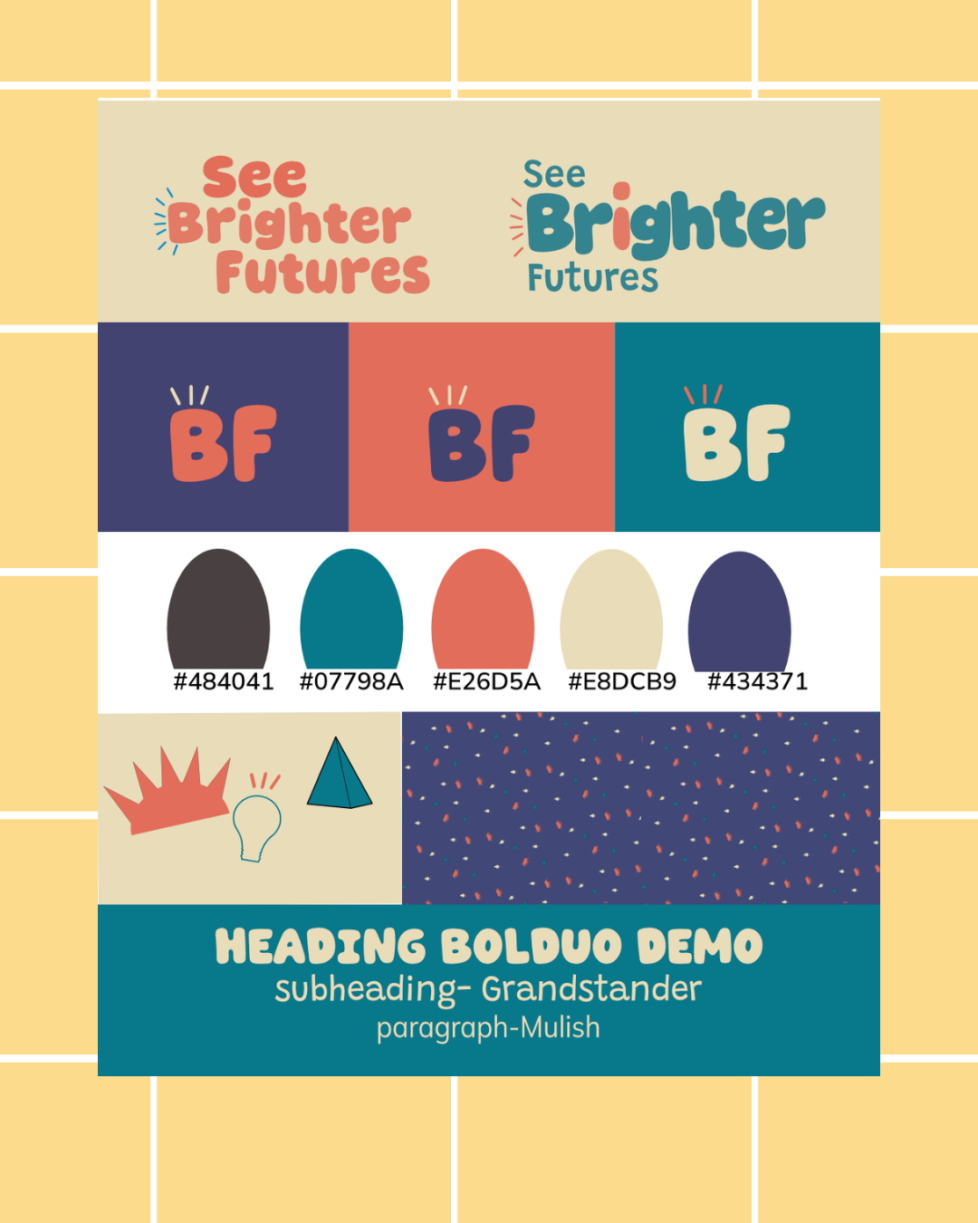Color palette and typography guide with headings and subheadings in bold, colorful type, decorative patterns and icons on a grid-like yellow background.