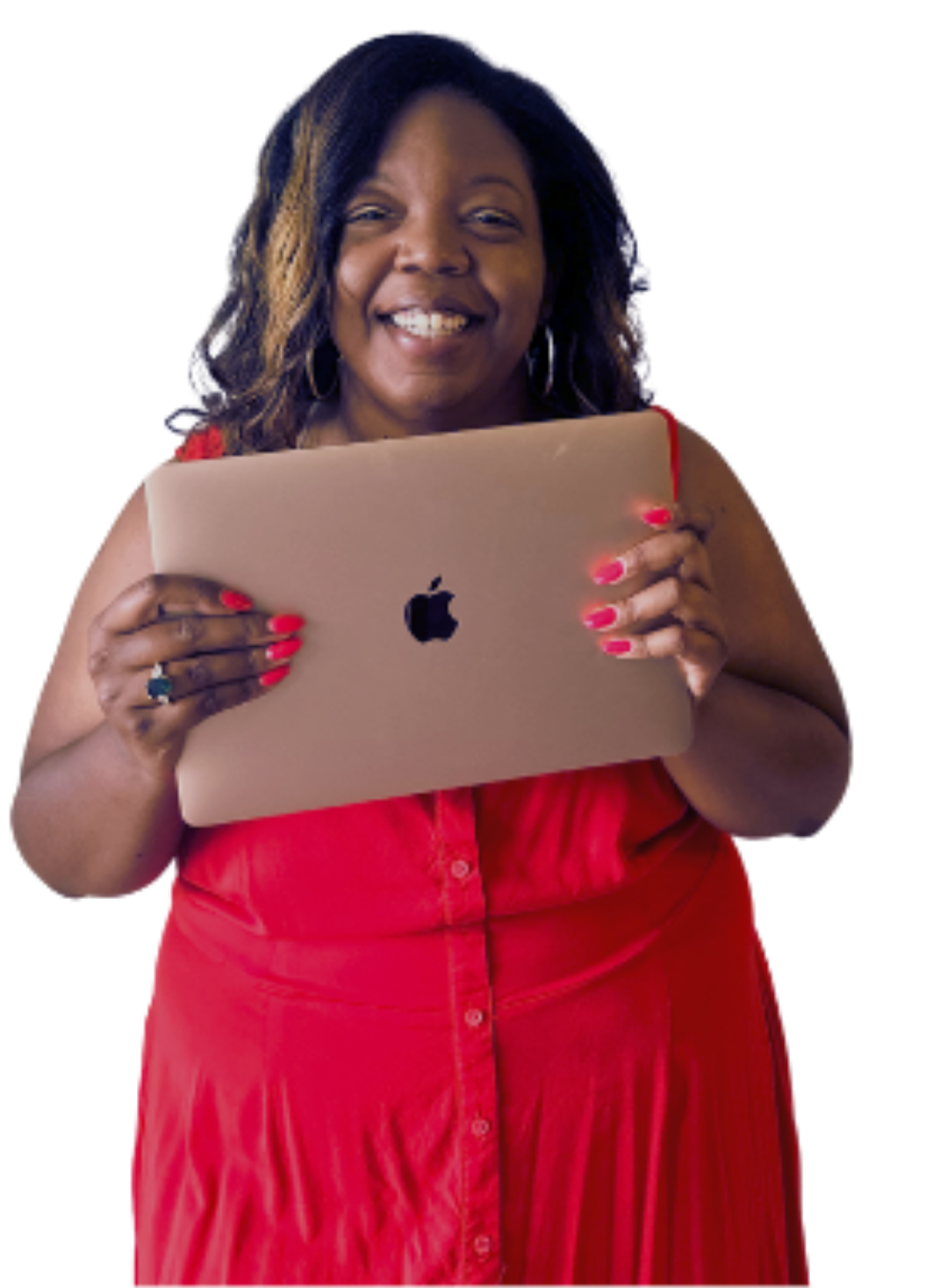 A woman with dark hair and a bright red dress holding an open silver MacBook laptop with a black apple logo.