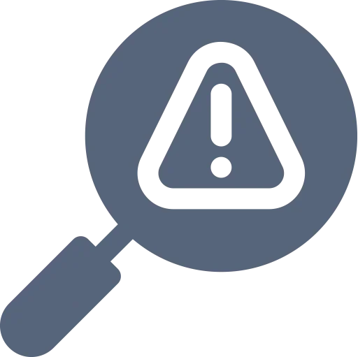 Magnifying glass with an exclamation mark inside a warning triangle