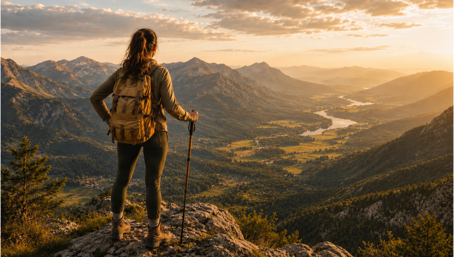 Woman standing on a mountain summit with a hiking stick, overlooking a valley with rivers, fields, and mountains during sunset.