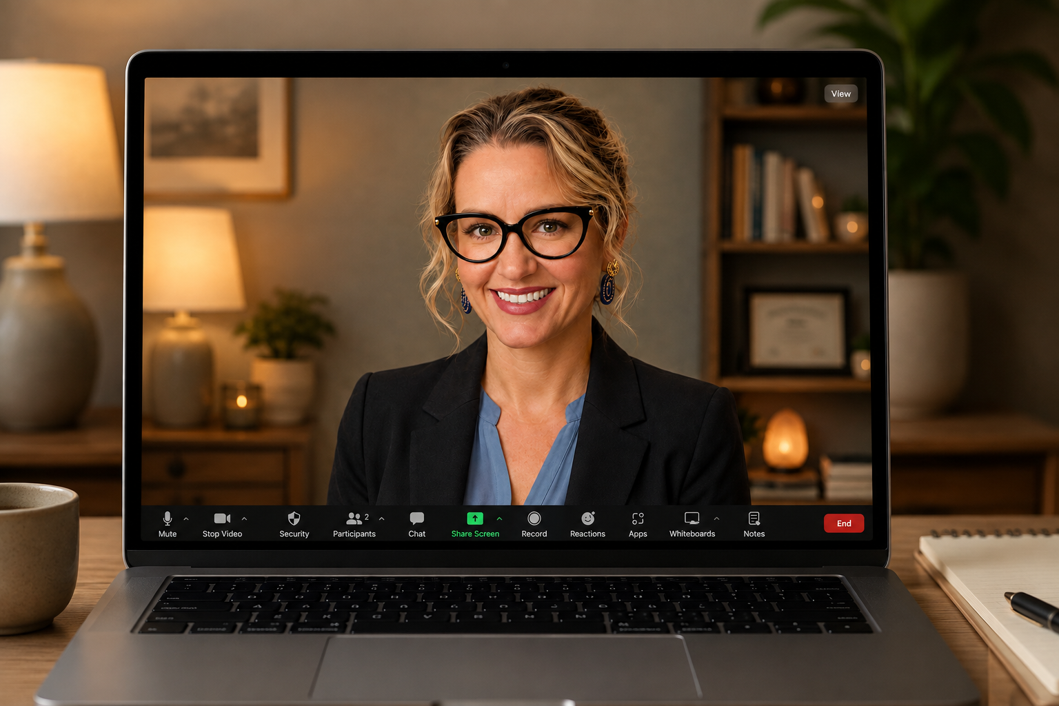 Suzana Hachey, APRN, PMHNP-BC with blonde curly hair, glasses, and earrings smiling during a video conference on a laptop, sitting at a desk with a notebook, a pen, a mug, and a background with lamps, plants, and shelves.