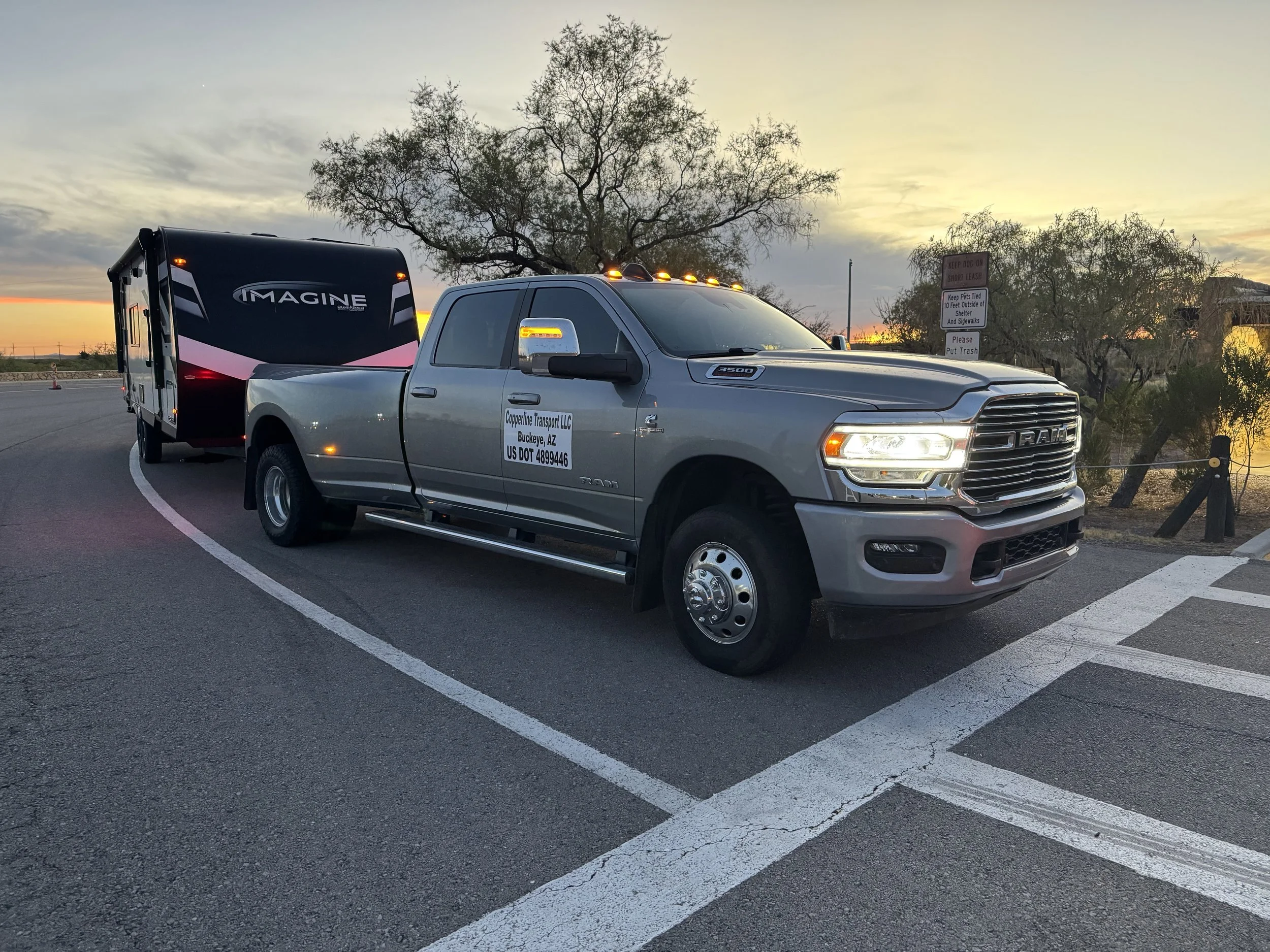Copperline Transport Ram 3500 towing a Grand Design Imagine travel trailer