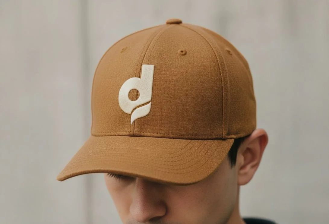 Drift Visuals brand identity applied to an embroidered cap
