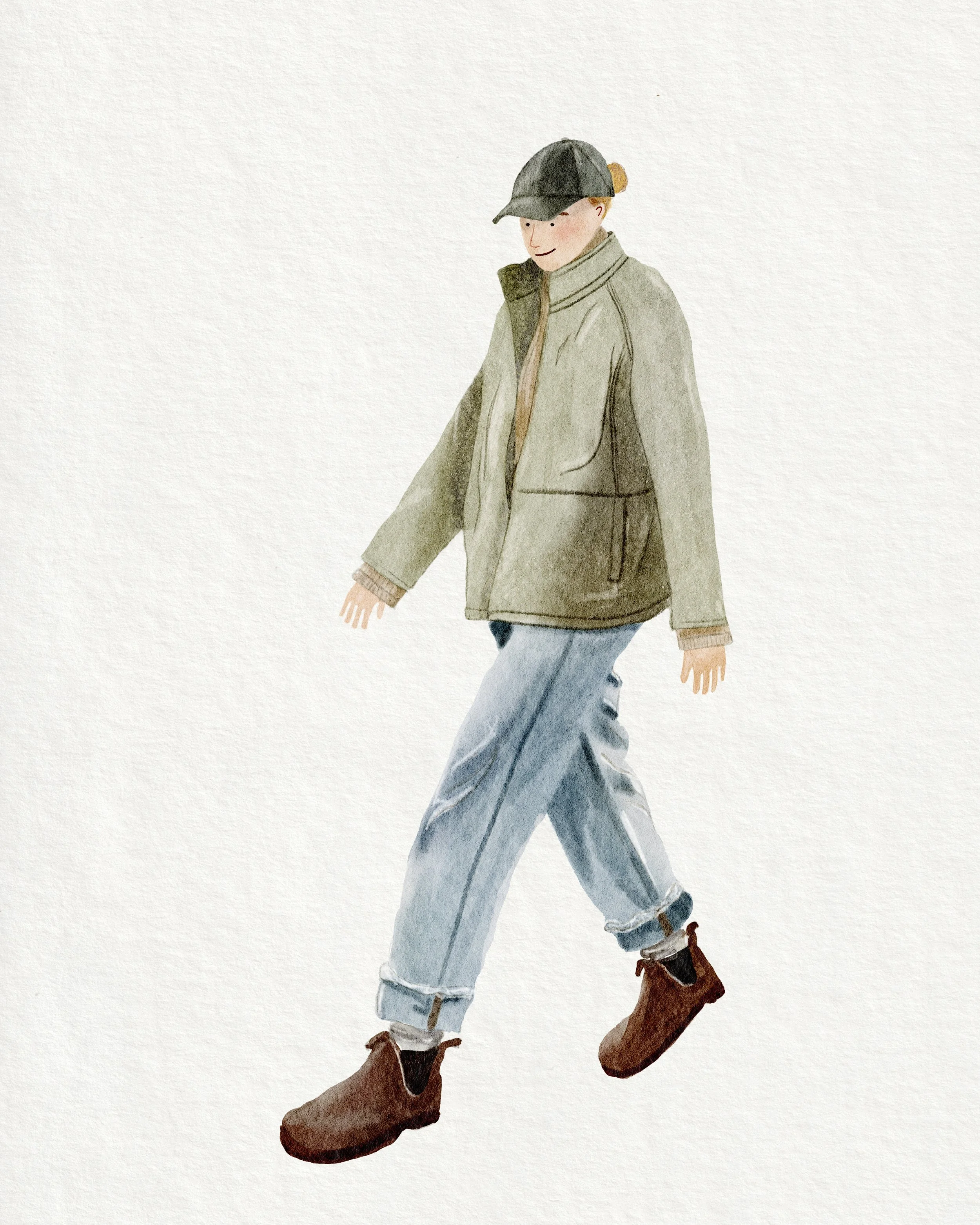 Watercolour illustration of Katherine Croucher walking
