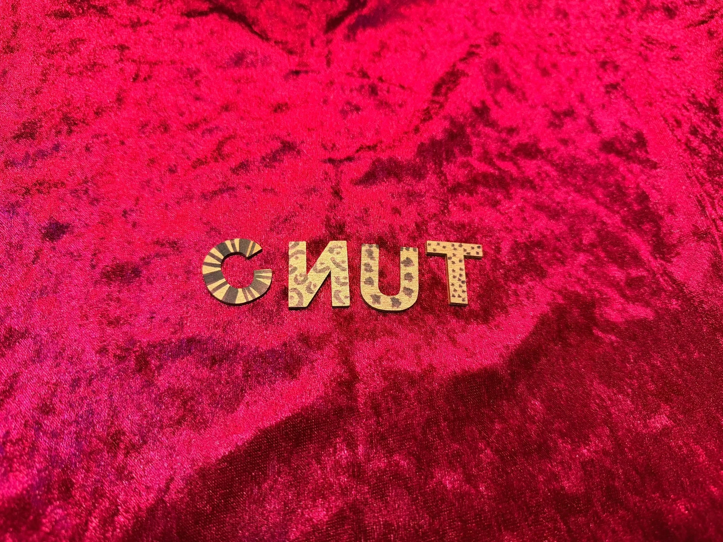 Close-up view of red fabric with the word 'CUNT' spelled out using decorative letter stickers.