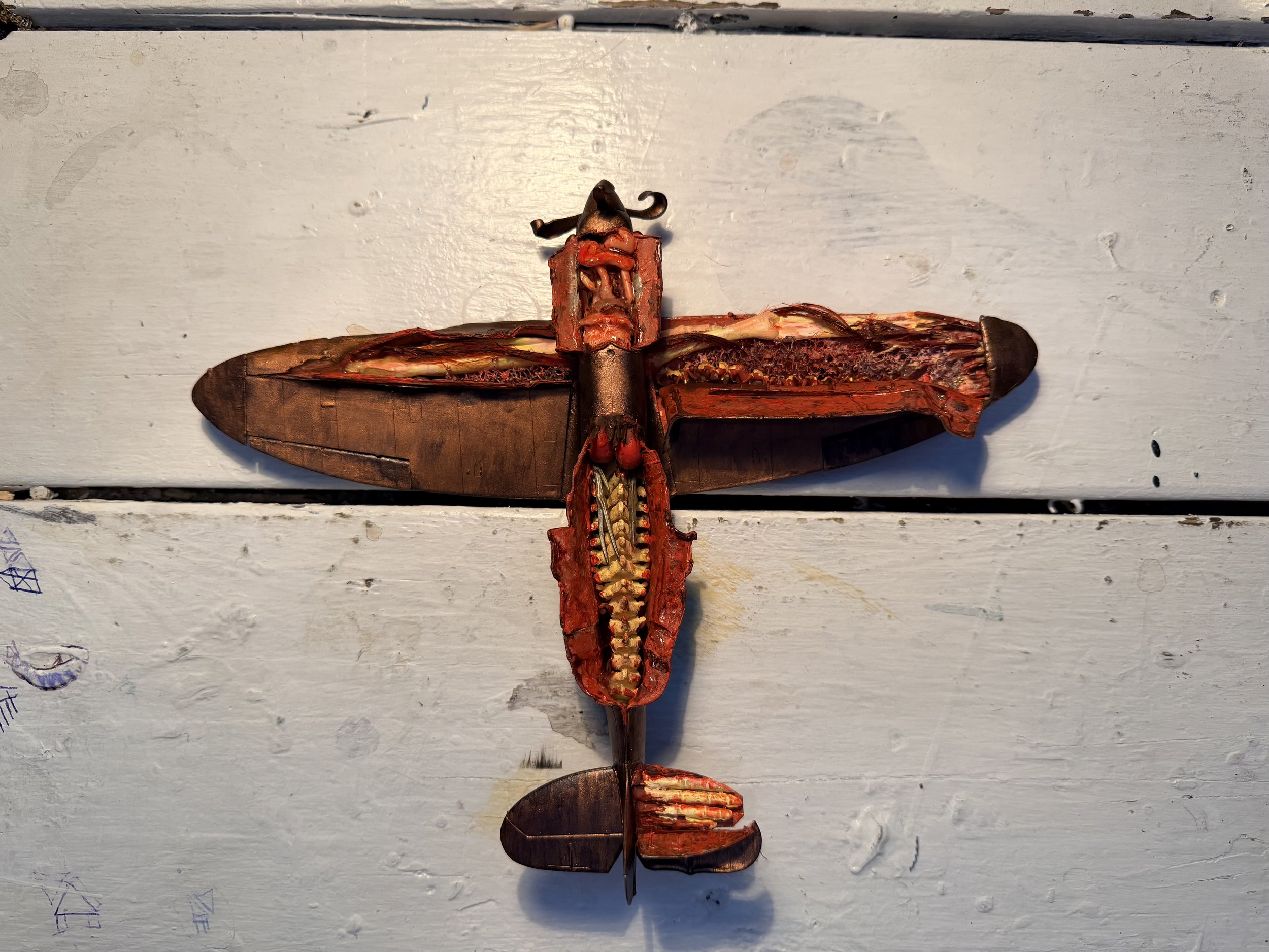 A colorful insect sculpture made of various materials, lying on a white wooden surface. The sculpture has detailed wings and body features, with parts resembling metal and other textured materials.