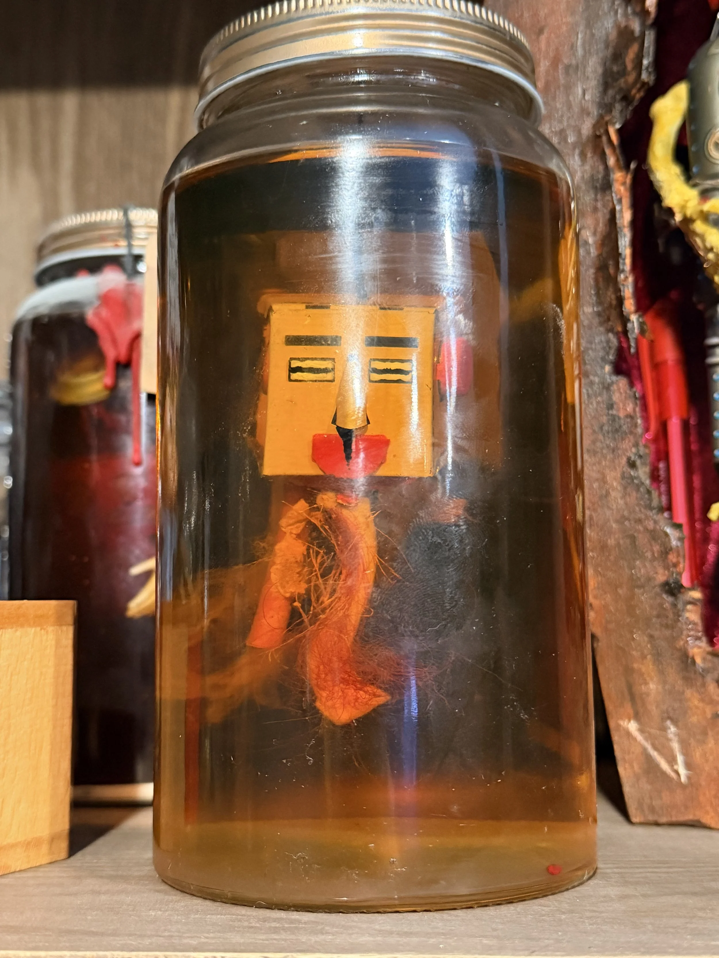 A glass jar containing an orange jellyfish with vibrant orange tentacles, and a square yellow label on the front of the jar.