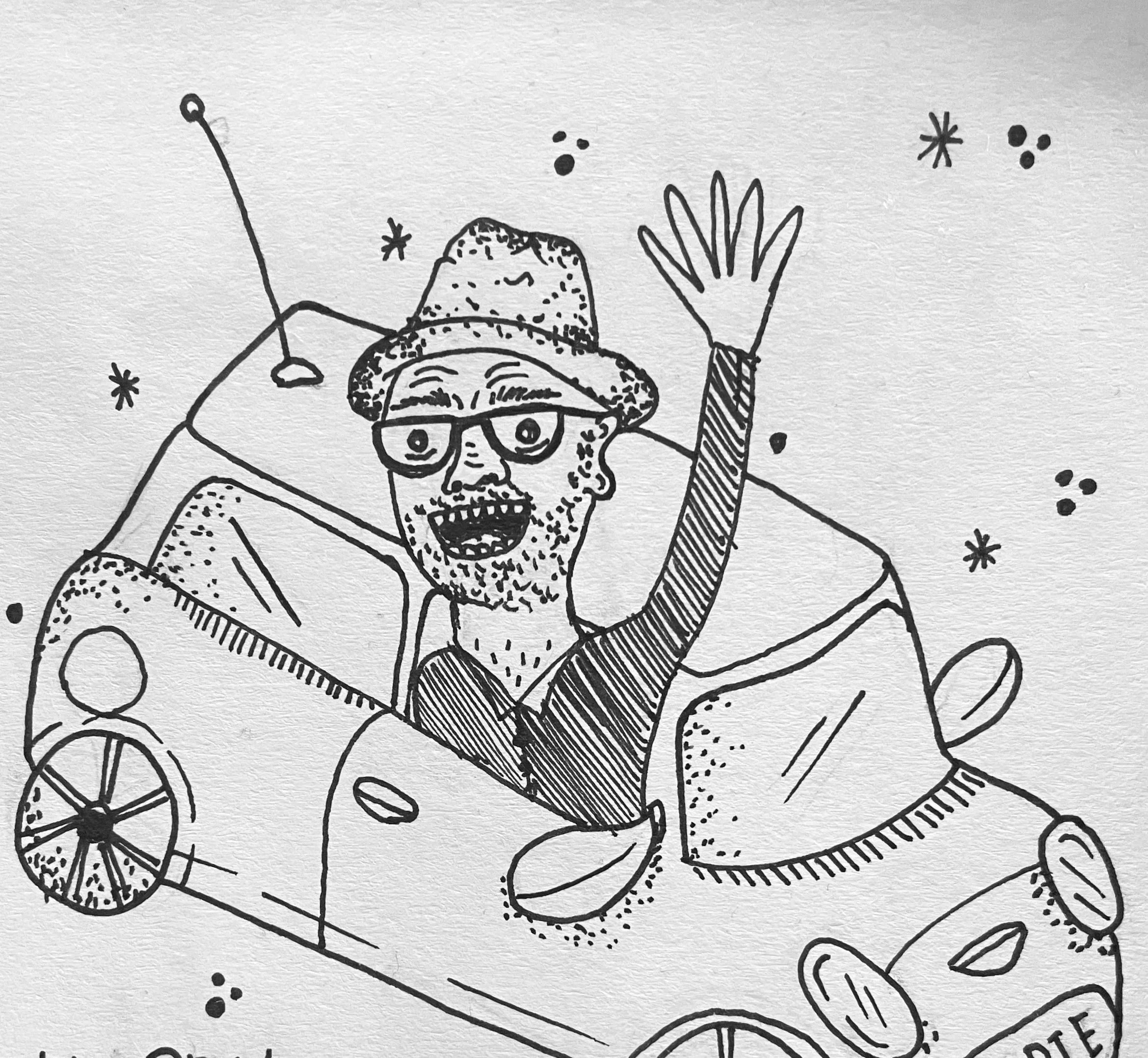 Black and white line drawing of a person with glasses and a hat, smiling widely. They are surrounded by various abstract shapes and patterns, including circles and star-like figures, with some part of a bicycle wheel visible at the bottom.