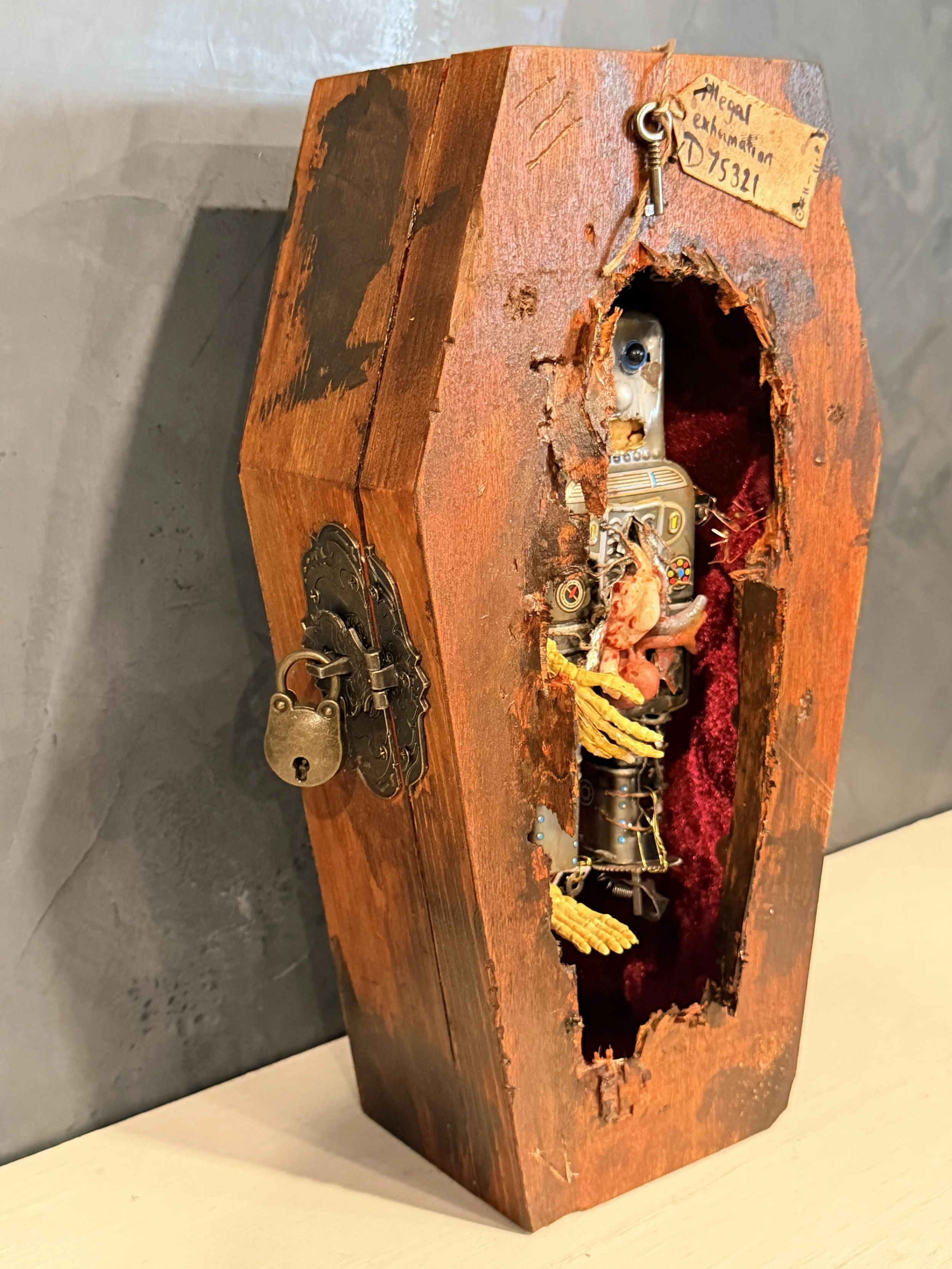 A wooden box with a hole in the front, containing various small objects including a doll head, a remote control, and some ropes, with a label attached that says 'Legal Euthanism D79321'.