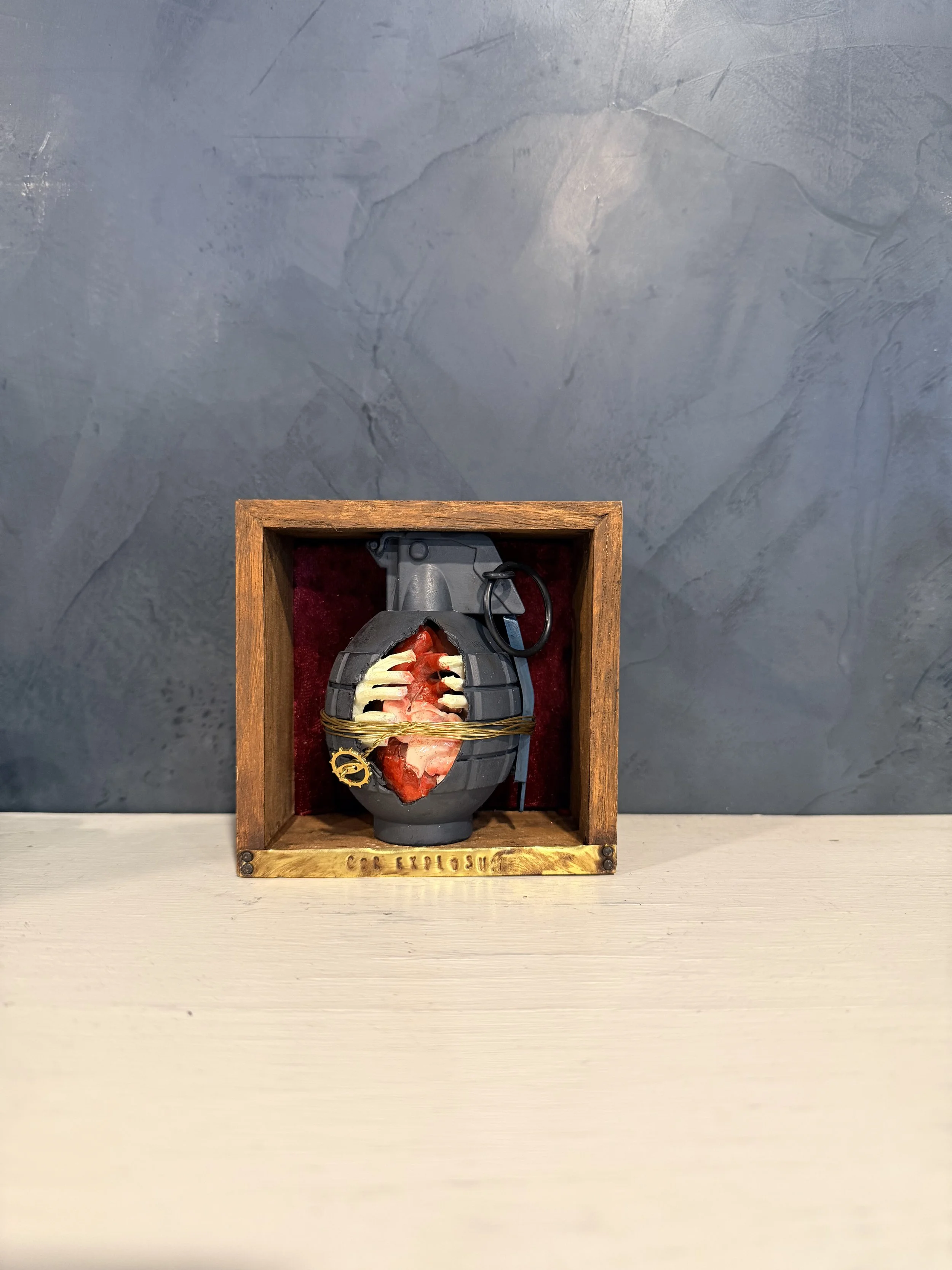 A framed anatomical model of a human heart with a wooden border, placed on a light-colored surface against a dark textured wall.