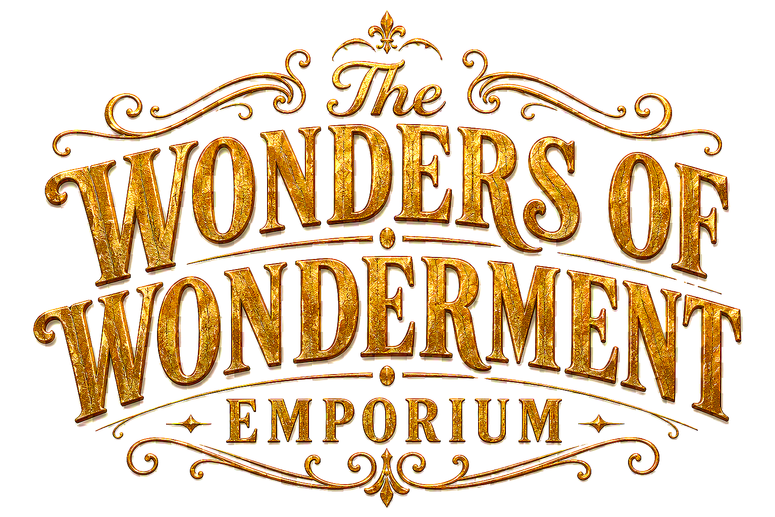 Gold ornate logo for 'The Wonders of Wonderment Emporium' with decorative flourishes on a black background.