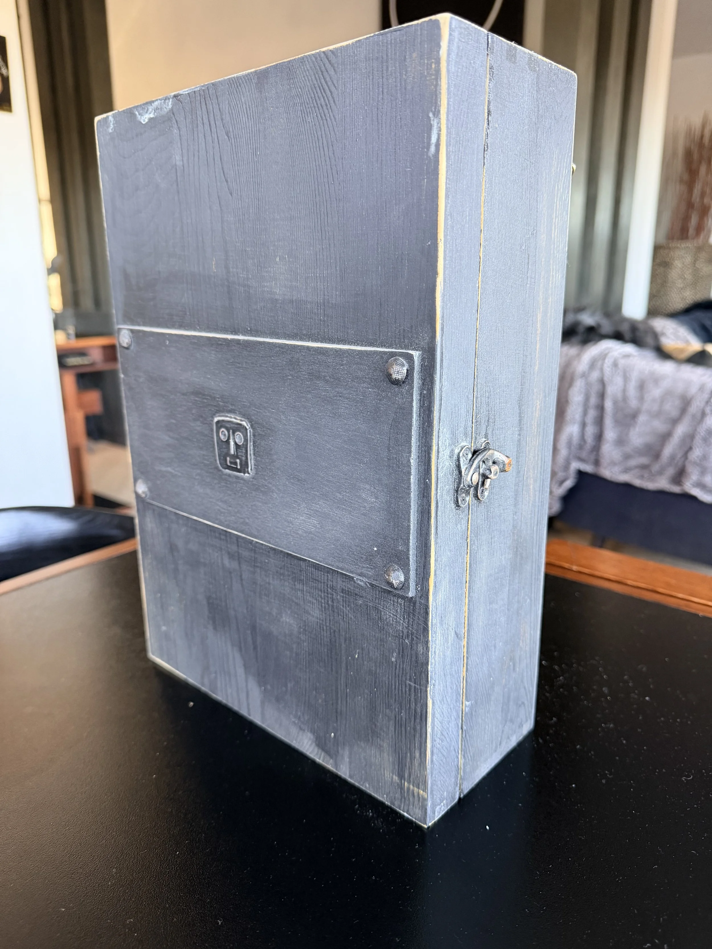 Close-up of a black wooden box with a power outlet, screws, and metallic hardware, placed on a black surface in a room with blurred furniture and decor in the background.