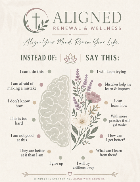 Infographic comparing negative and positive mindsets for renewal and wellness, with a floral design and the phrase "Align Your Mind. Renew Your Life."