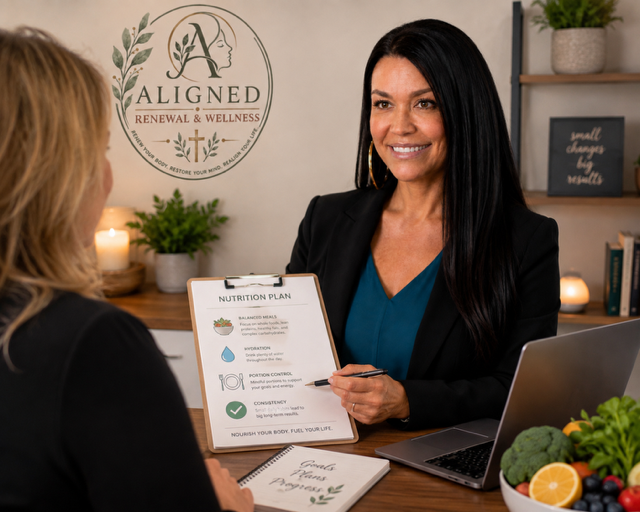 A woman at a consultation with a nutritionist, holding a nutrition plan sheet, in a wellness clinic.