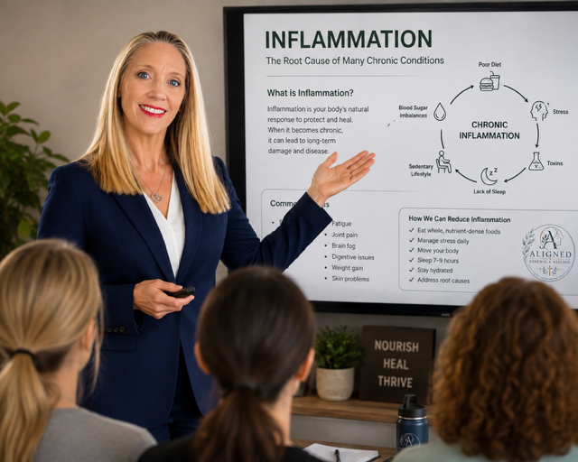 A woman in a navy blazer giving a presentation on inflammation to a group in a classroom or seminar setting.