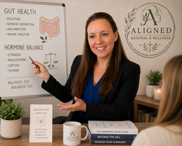 A woman with brown hair smiling and pointing at an educational poster titled 'Gut Health' and 'Hormone Balance'. The poster lists benefits of gut health and hormones. She is sitting at a desk with a coffee mug, a book titled 'The Hormone Reset Plan', and a small plant in the background.