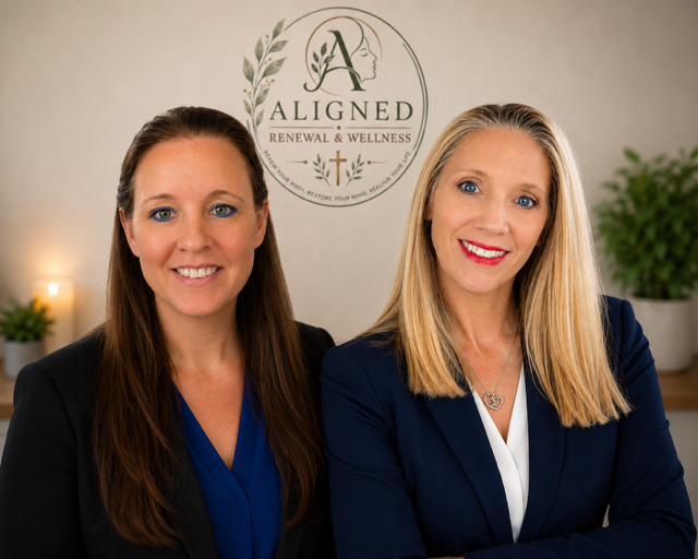 Two women in professional attire standing in front of a wall with a logo that reads "Aligned Renewal & Wellness." The woman on the left has long brown hair, and the woman on the right has long blonde hair. They are smiling.
