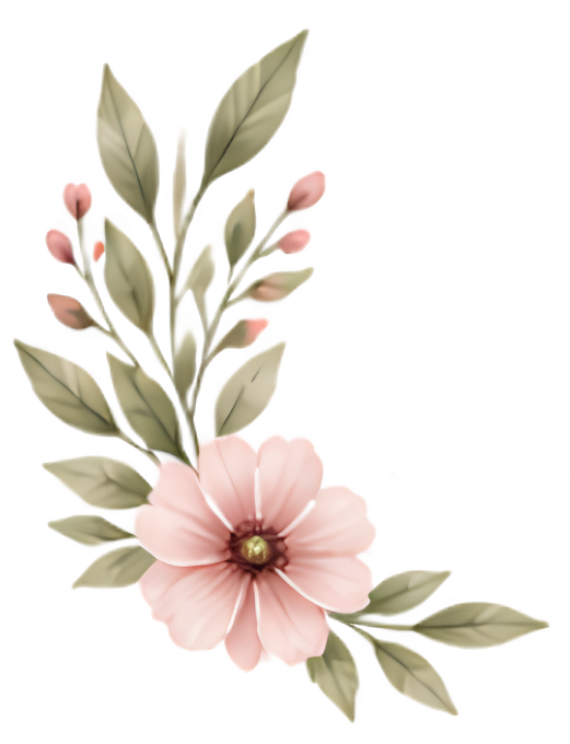 A decorative floral arrangement with pink flower, green leaves, and small pink buds.