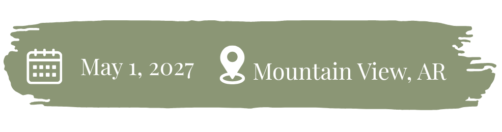 A green banner with a calendar icon, the date May 1, 2027, and a location icon with Mountain View, AR