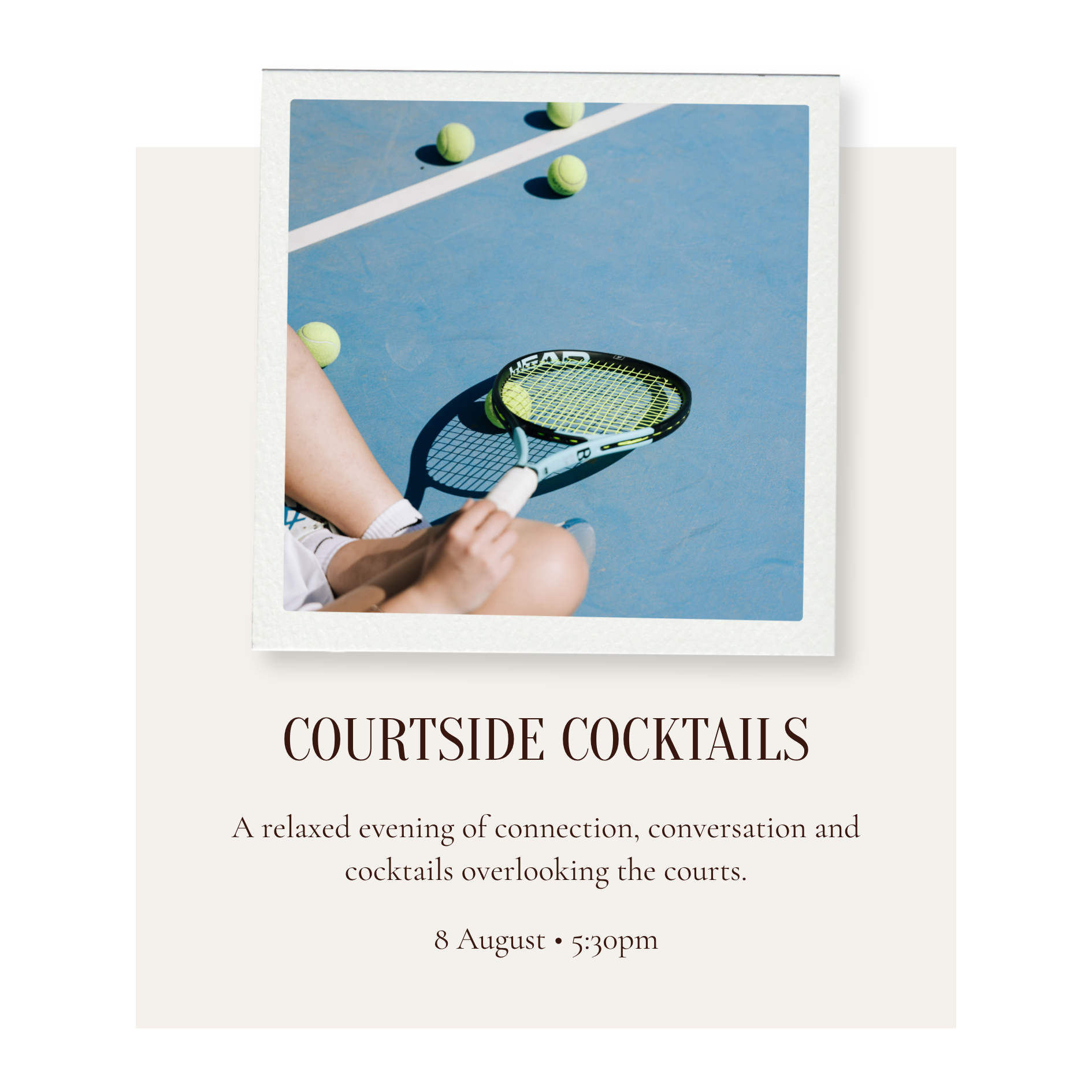 A printed invitation for a courthouse cocktail event showing tennis balls, a tennis racket, and the event details.