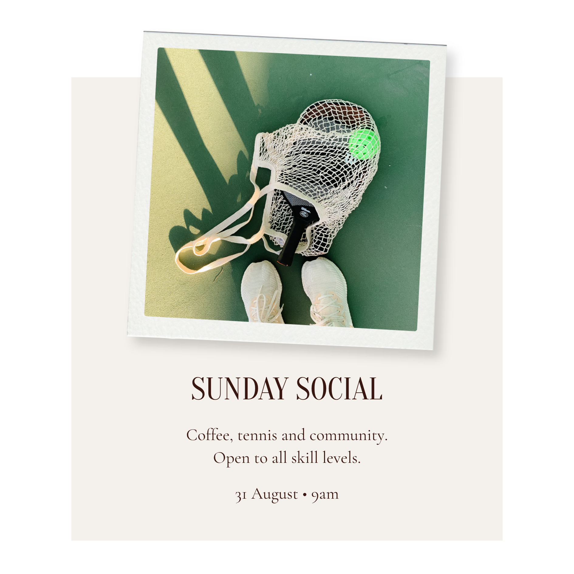 Event flyer promoting a Sunday social featuring coffee, tennis, and community activities, scheduled for August 31st at 9 a.m.
