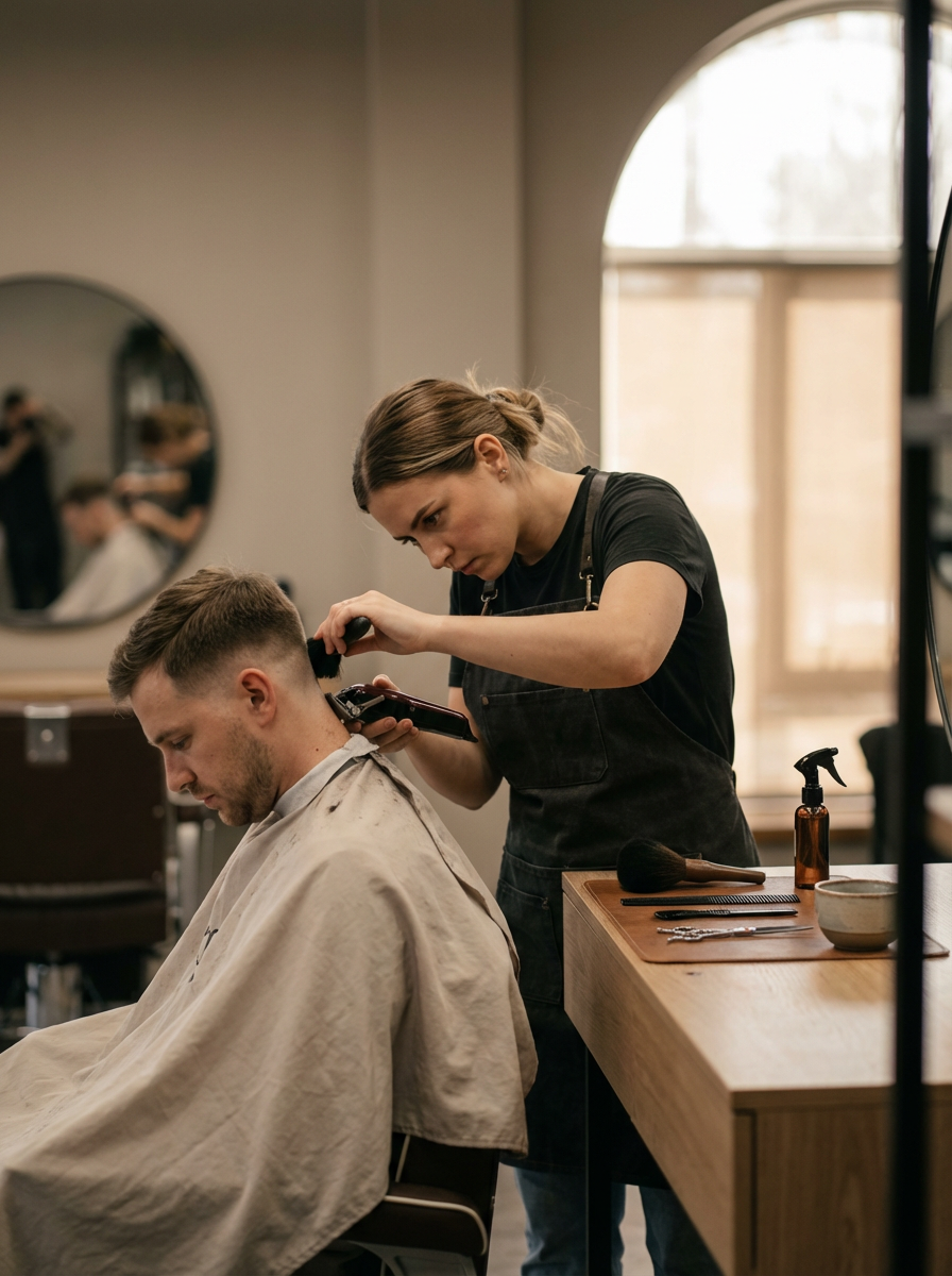 A woman barber trims a man's hair in a barbershop with a mirror reflecting other customers and staff.