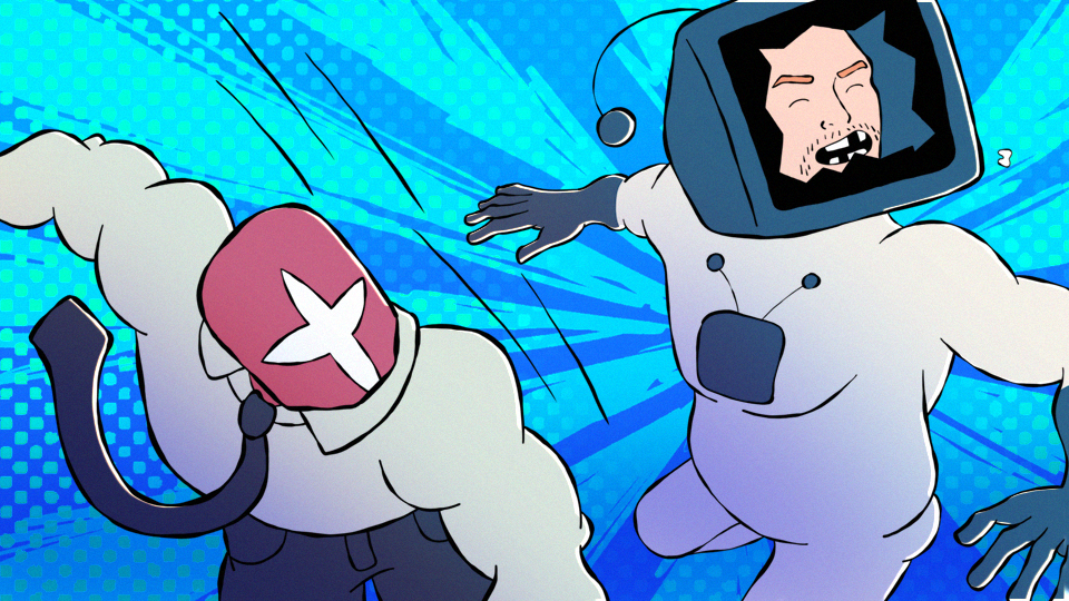 Two characters fighting, one has a TV for a head and the other has a superhero mask on whilst wearing a button up and pants.