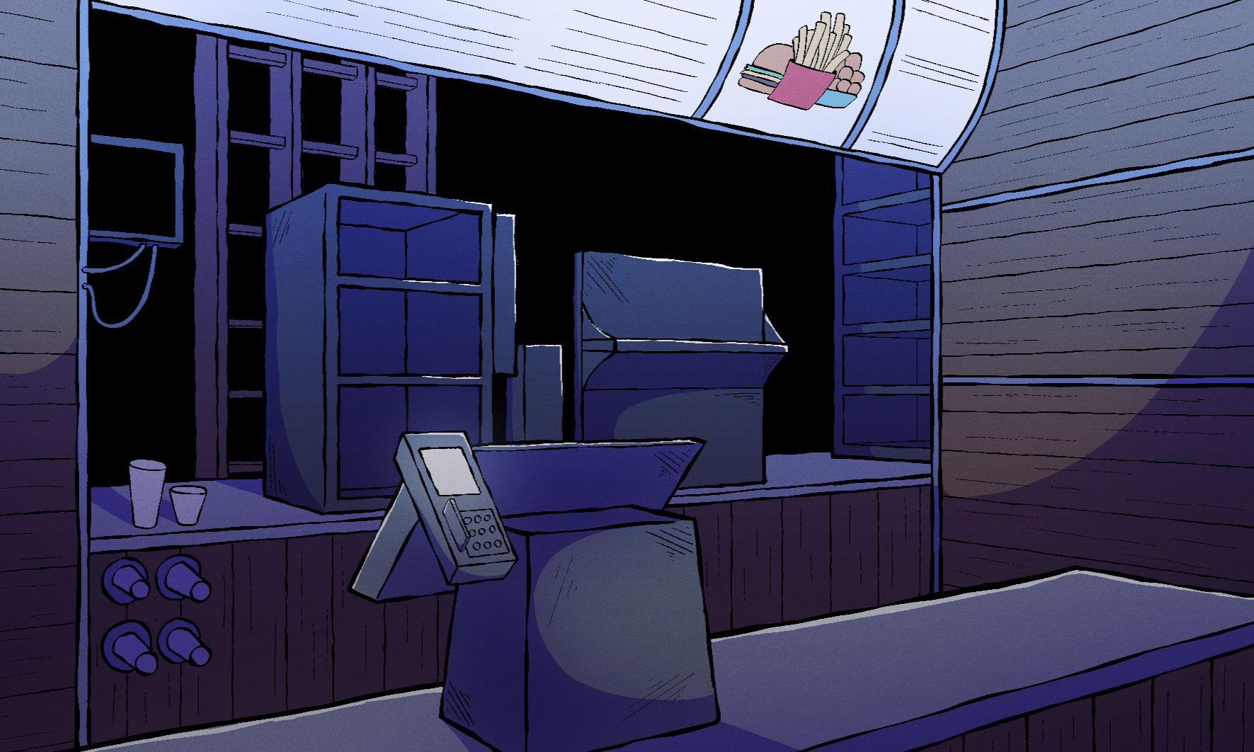 Background illustration of a small fast food interior, featuring a counter with a cash register, shelves, a coffee machine, and a wall-mounted menu.