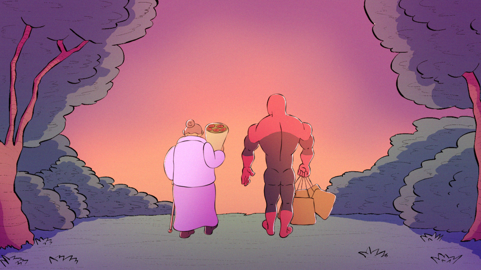 Cartoon image of an elderly woman with a cane and a muscular hero carrying groceries walking together during sunset surrounded by trees.
