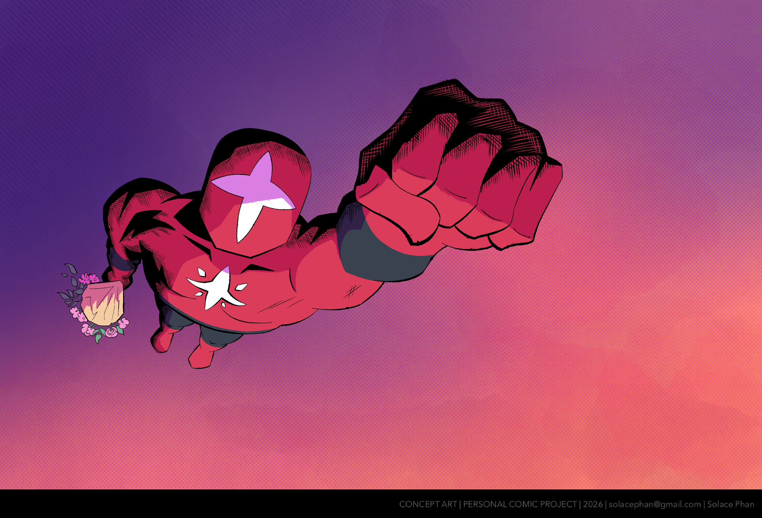Graphic illustration of a superhero character with a red muscular body, a star emblem on the chest. The background features a gradient from purple to pink with halftone dot patterns.