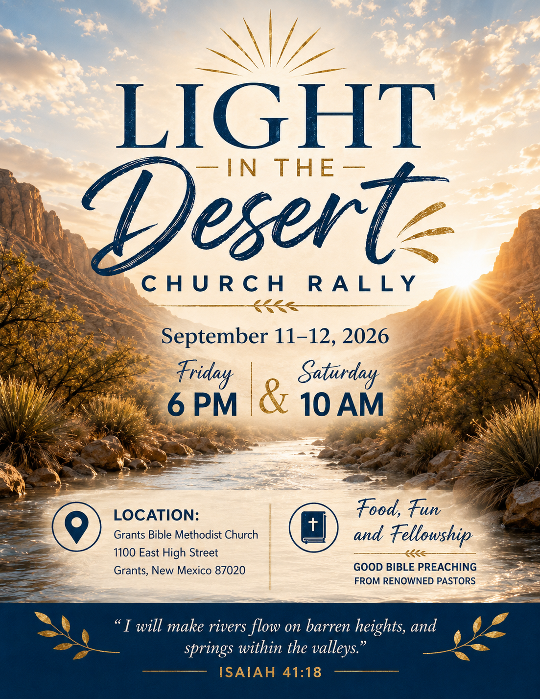 Event poster for Light in the Desert Church Rally, taking place September 11-12, 2026, at Grants Bible Methodist Church in Grants, New Mexico. The poster features a desert river scene at sunset with mountains, trees, and a bright sky. It includes details about the schedule, location, and themes of food, fun, and fellowship, with Bible teaching from renowned pastors.