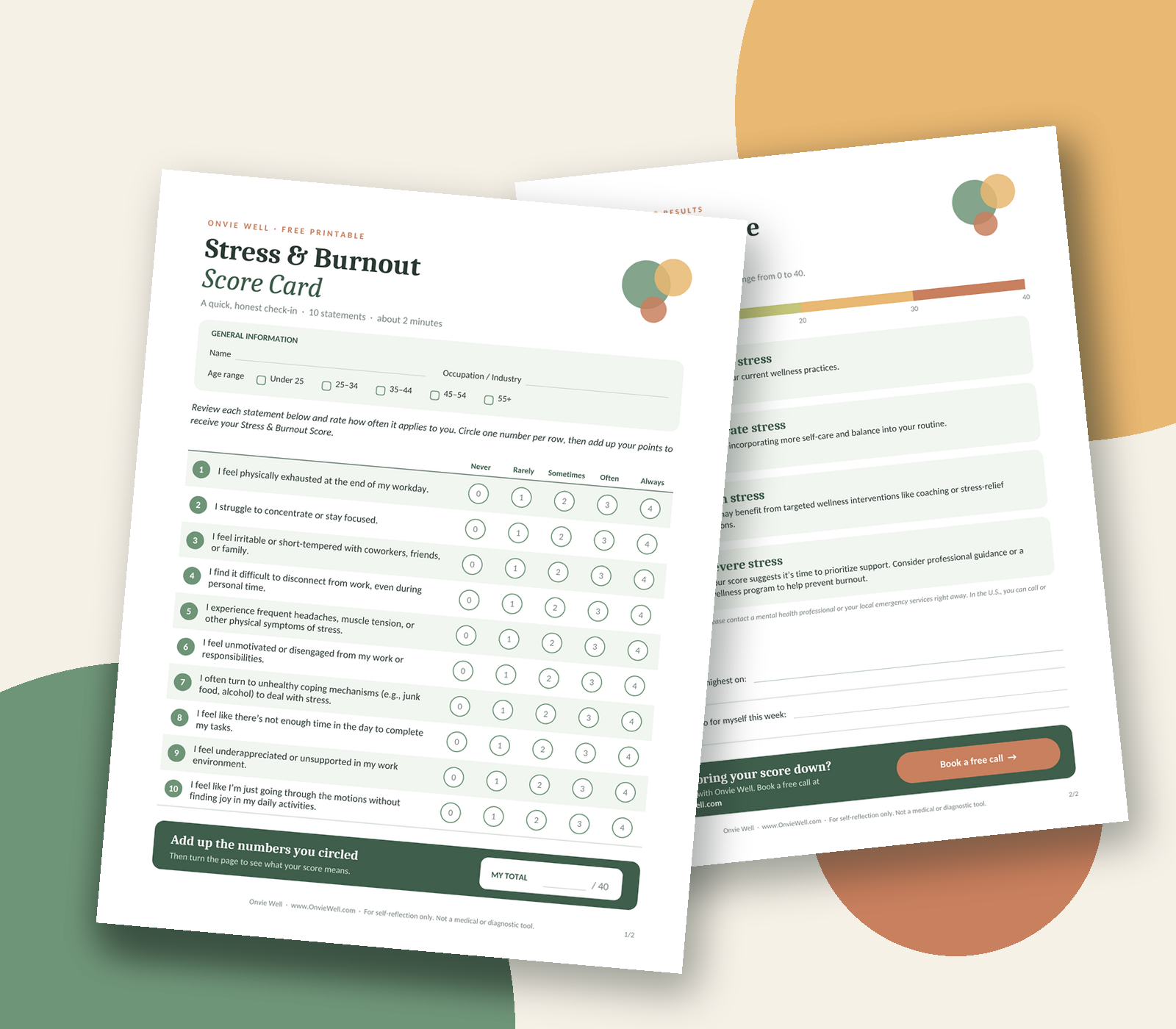 Printable stress and burnout score card with 10 questions and a 0 to 4 rating scale from Onvie Well