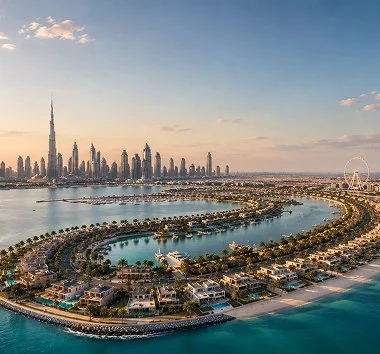 A city skyline with tall skyscrapers, including the Burj Khalifa, along with a man-made island with water and roads, set under a partly cloudy sky.