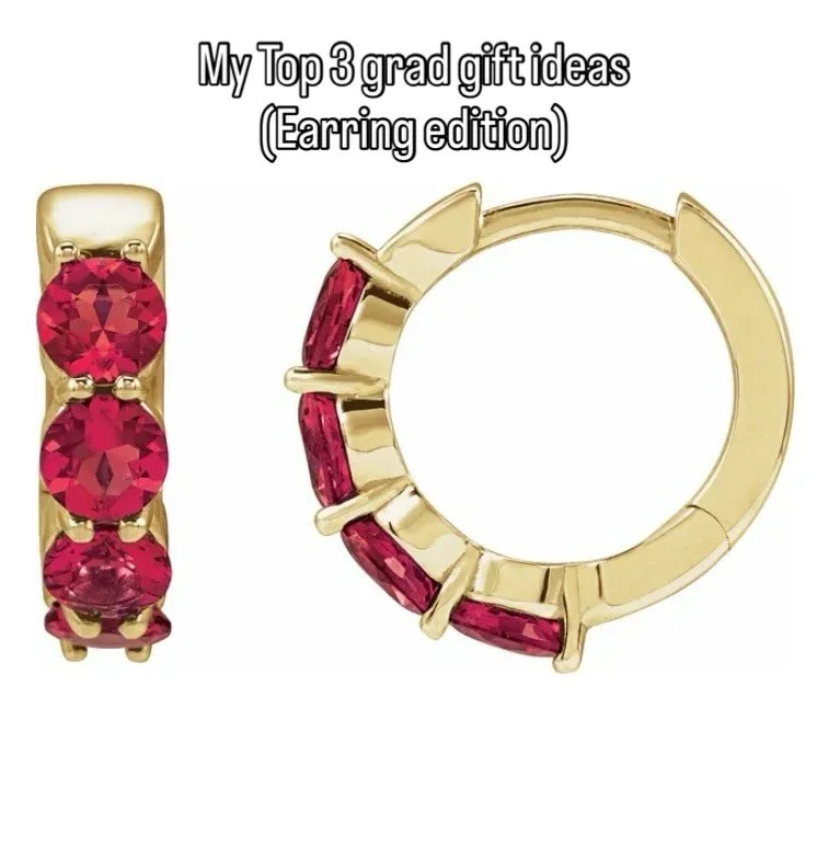 1. Chunky huggie hoops in ruby, emerald or sapphire.
2. Classic diamond studs.
3. Diamond and emerald hoops.