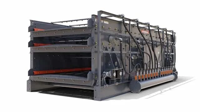Industrial vibrating screening machine with multiple sorting decks and hydraulic hoses