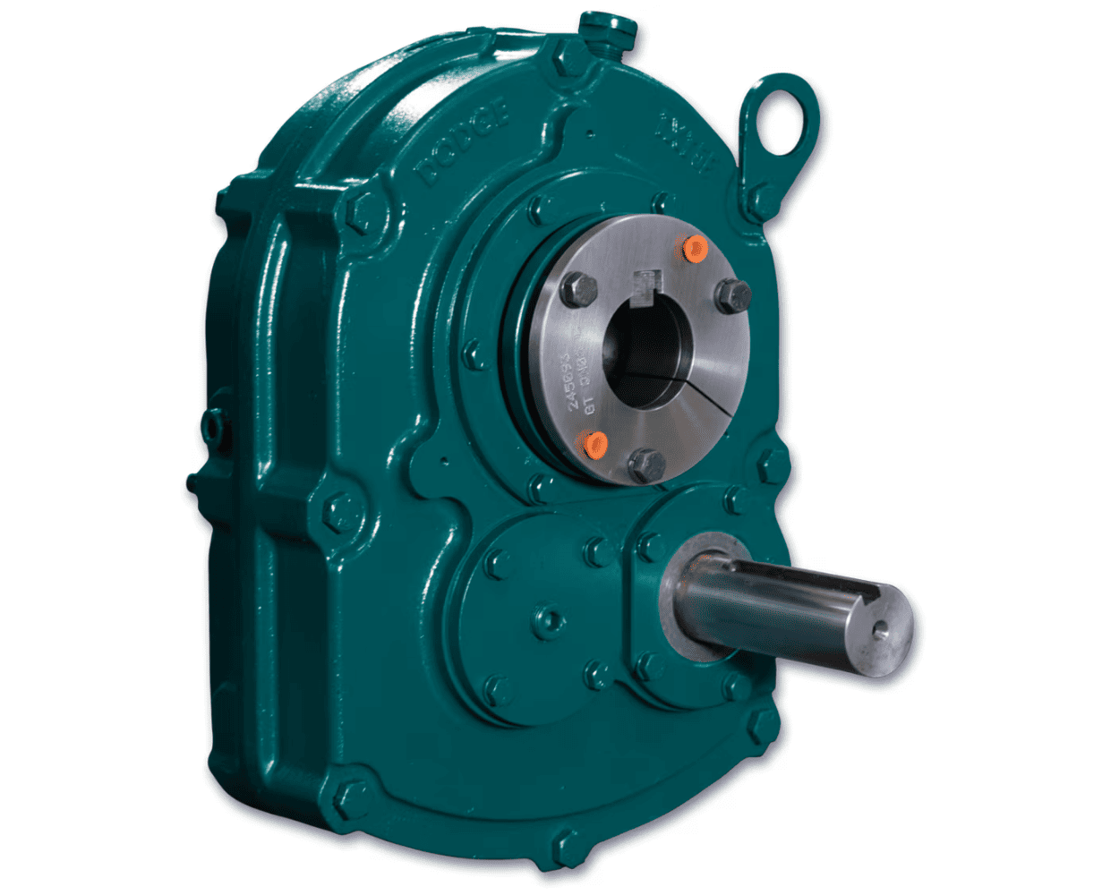 Teal industrial gearbox with a flanged hub, exposed output shaft, and mounting housing