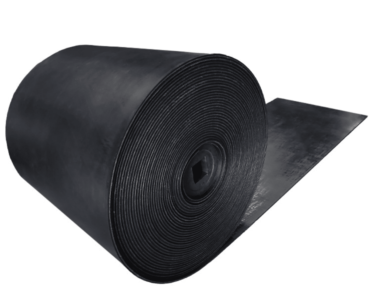 Black rubber conveyor belt roll partially unrolled on a white background