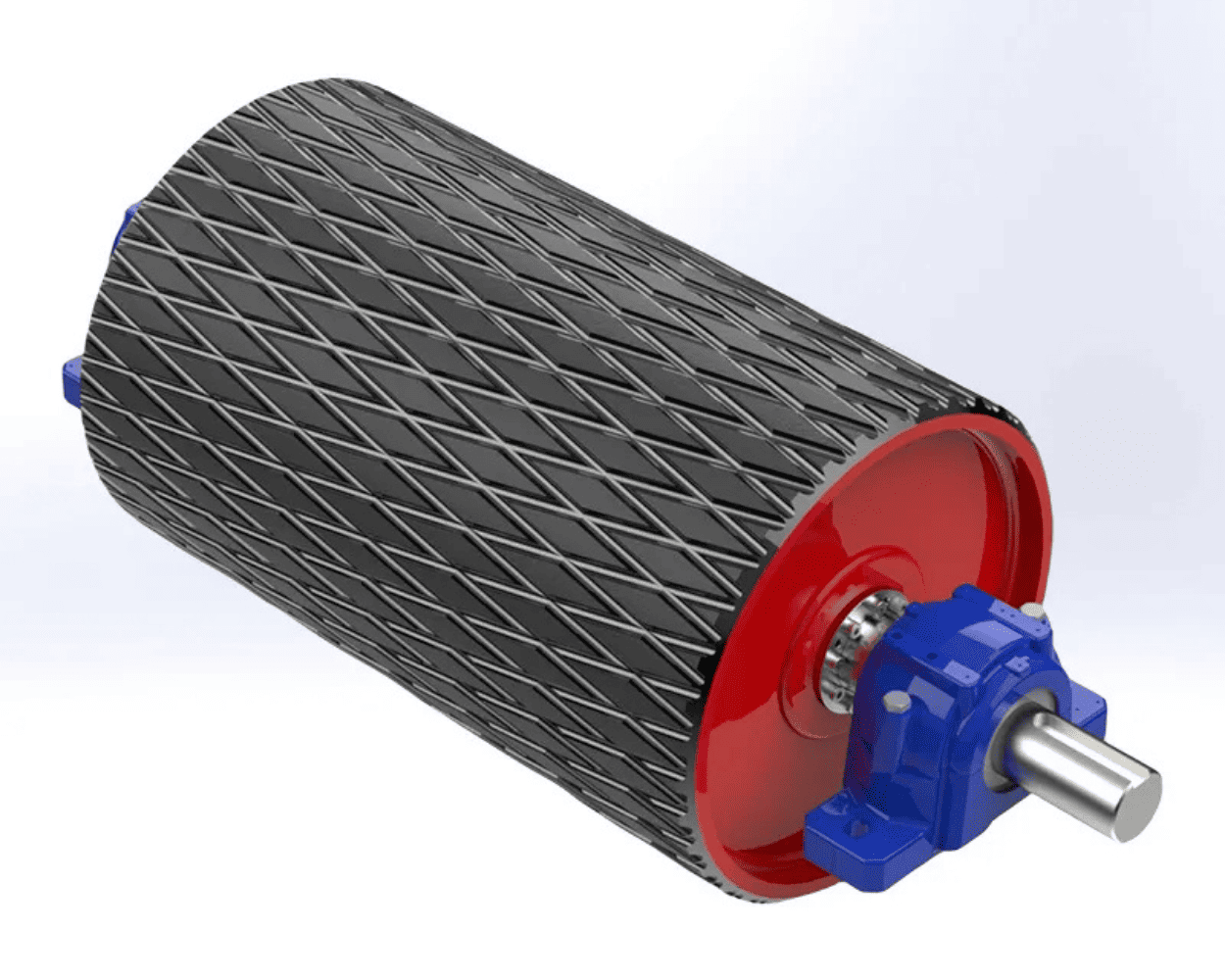 Industrial conveyor belt drive pulley with a diamond-patterned black rubber surface, red end plate, and blue gearbox motor.
