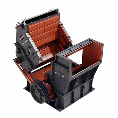 Industrial stone crusher with open red-lined crushing chamber and exposed drive wheel